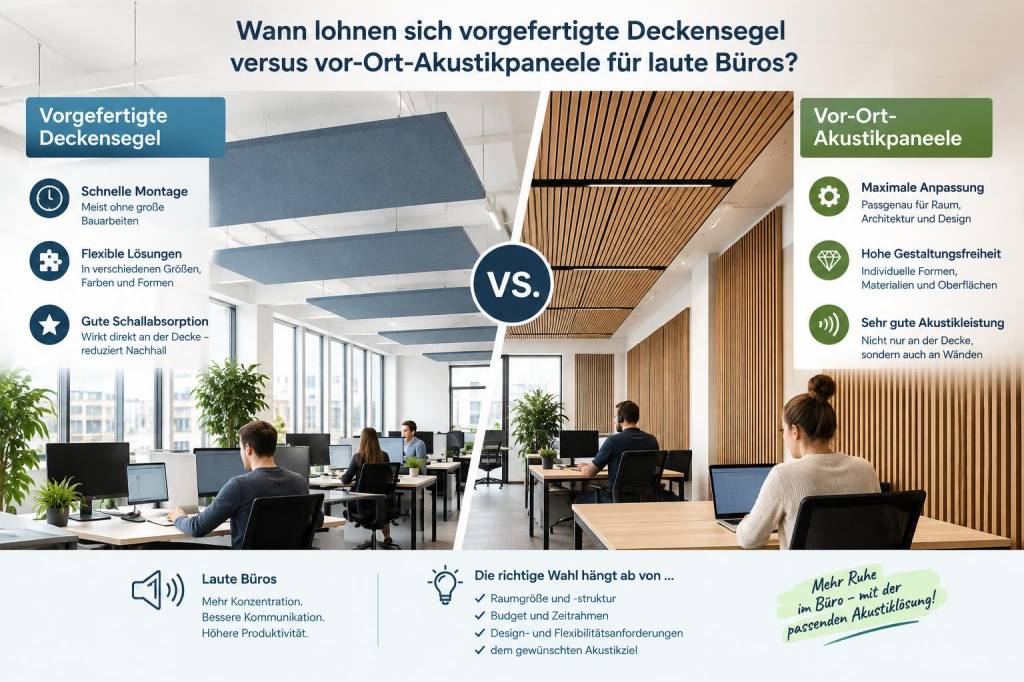 Wann lohnen sich vorgefertigte deckensegel versus vor‑ort‑akustikpaneele für laute büros
